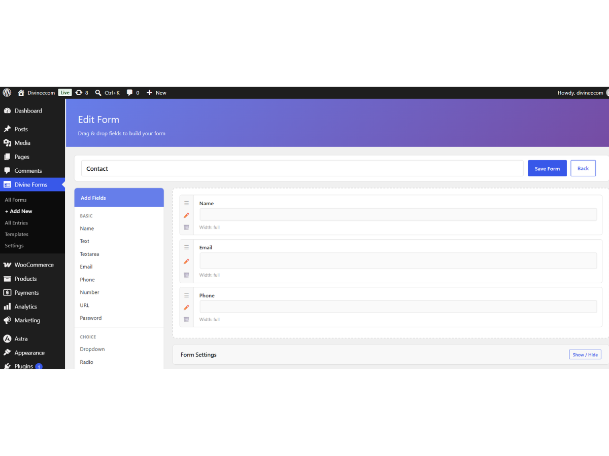 Divine Smart Forms - Visual Drag and Drop Builder Interface