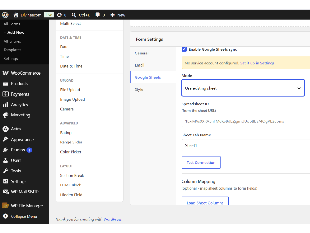Divine Smart Forms - Real time Google Sheets Integration Settings